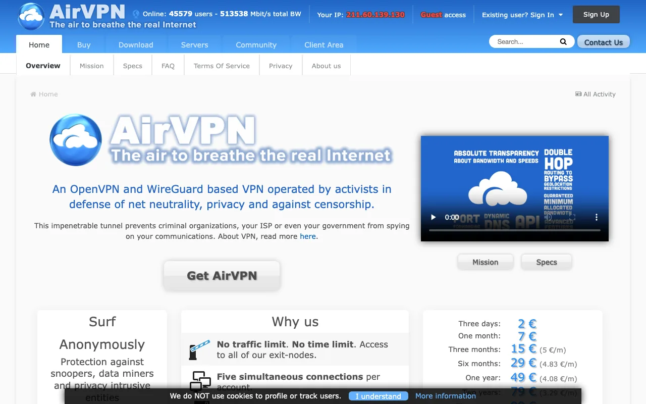 AirVPN homepage