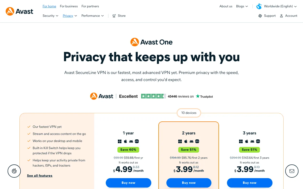 Avast SecureLine VPN homepage